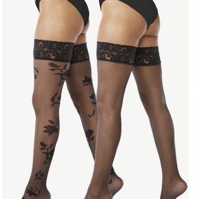 Joyspun Tights Womens Floral And Sheer Black Thigh High 2 Pair Lace Tops NEW